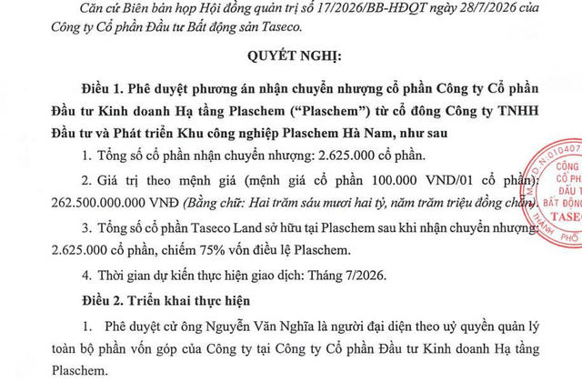Taseco Land mua 75% cổ phần công ty con của Tập đoàn Plaschem